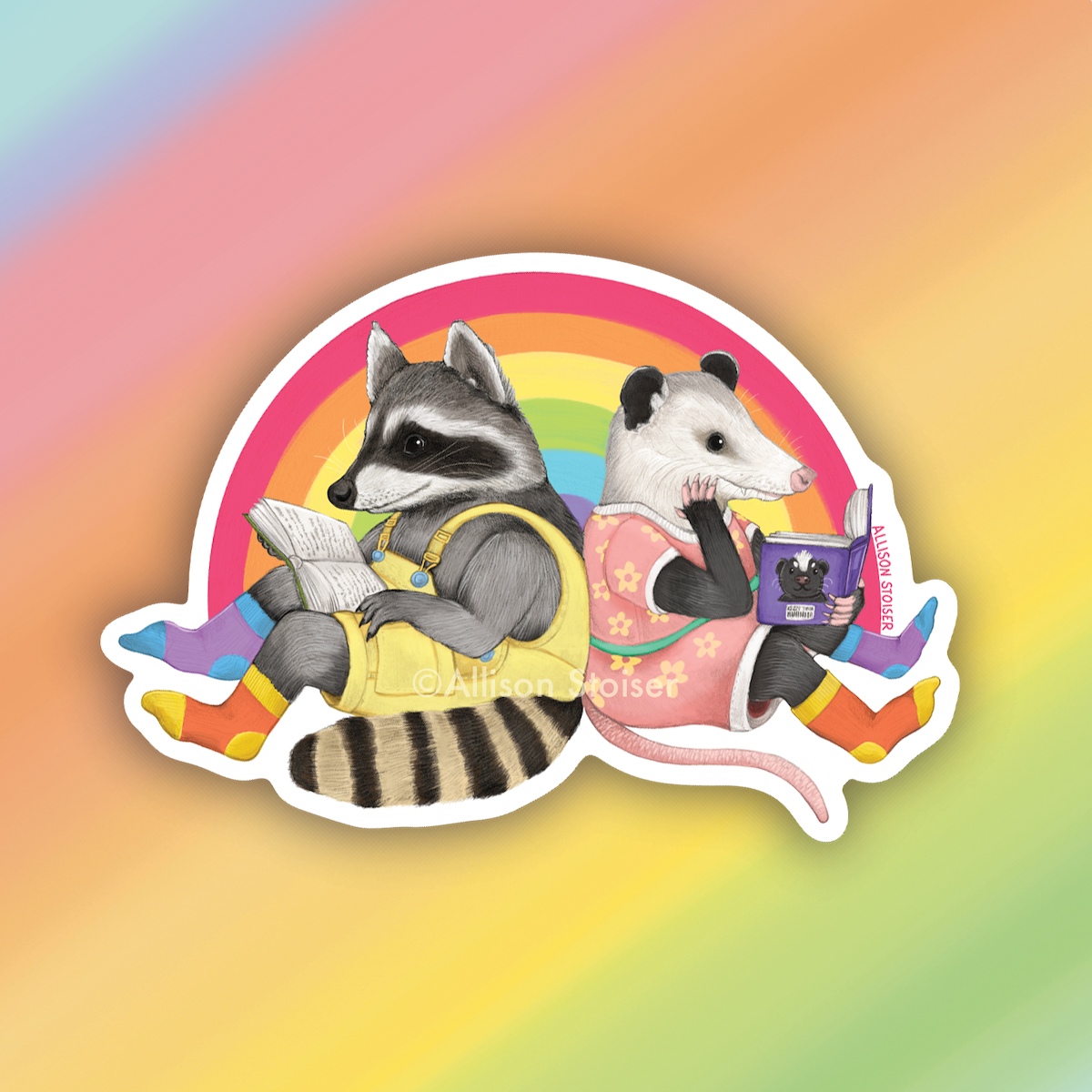 Reading Raccoon and Opossum Rainbow Pride Weatherproof Vinyl Sticker