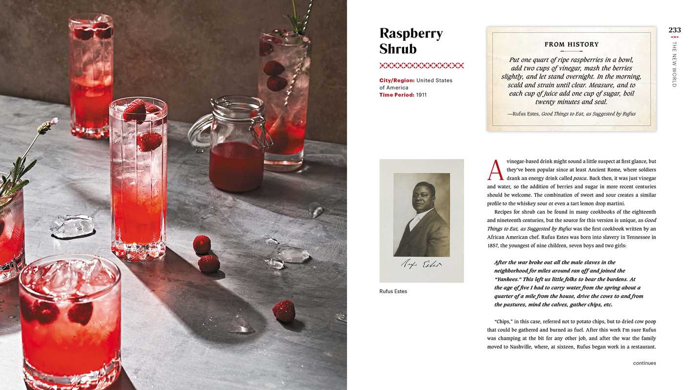 Cocktails with raspberries and a historical photograph on a magazine page.