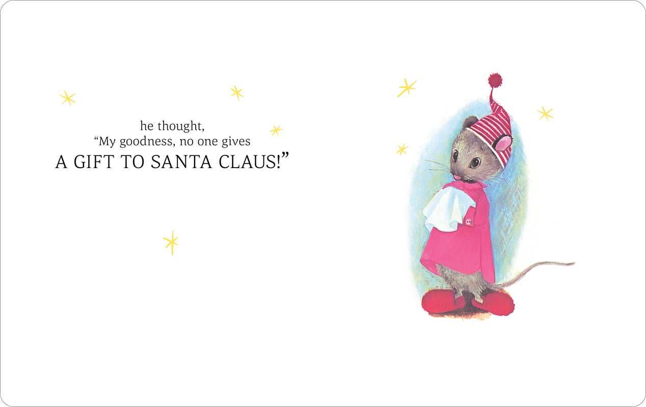Illustration of a mouse in a Santa hat and coat with text on a white background