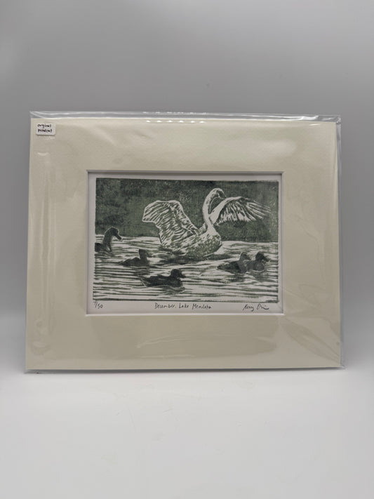 Original Woodcut Print - December, Lake Mendota Swan