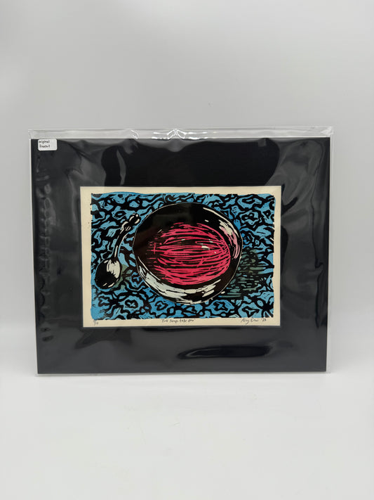Original Linocut Print, Handpainted, 8x10 - Pink Soup, Take One