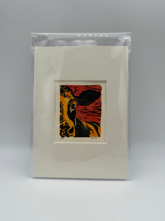 Original Linocut Matted Print 5X7 - Cow