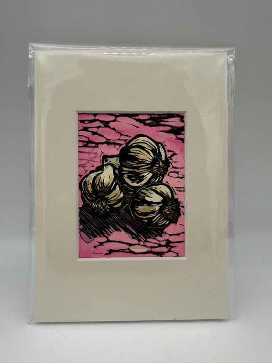 Original Linocut Matted Print 5X7 - Garlic