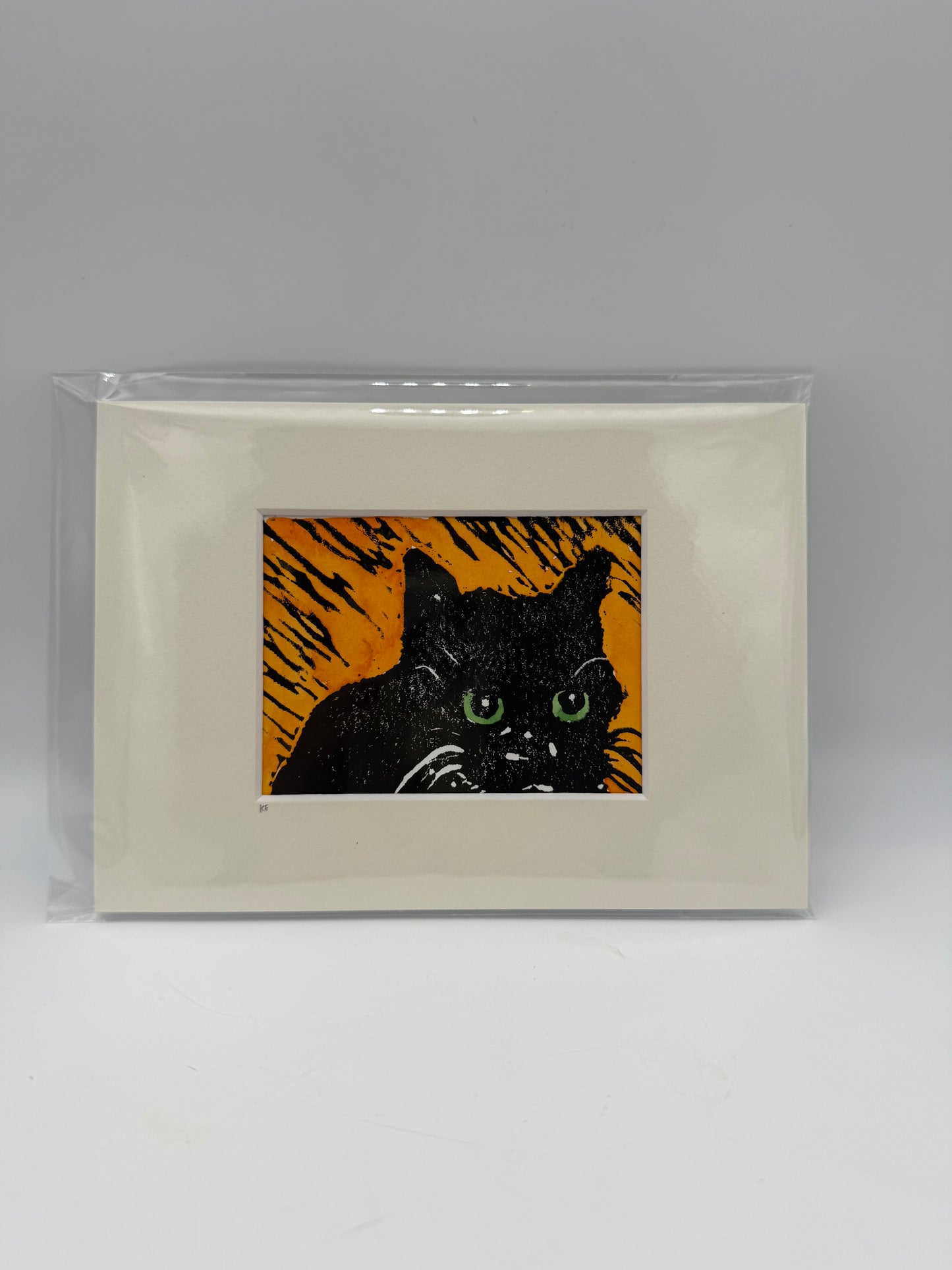 Original Linocut Matted Print 5X7 - Cat