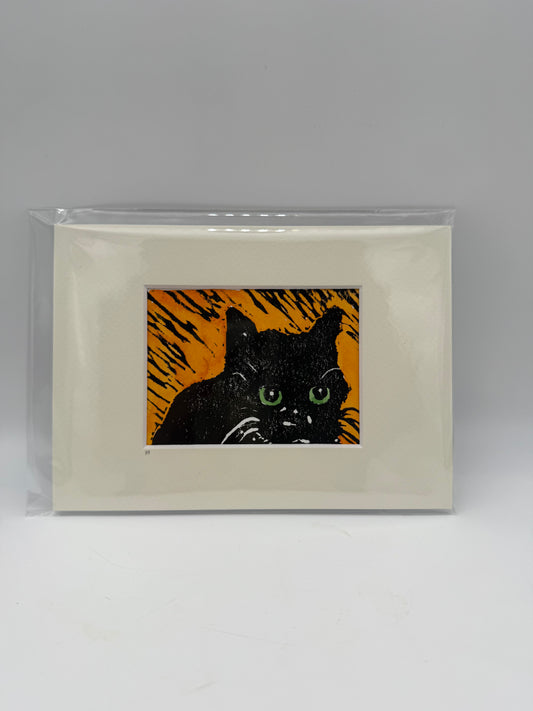 Original Linocut Matted Print 5X7 - Cat