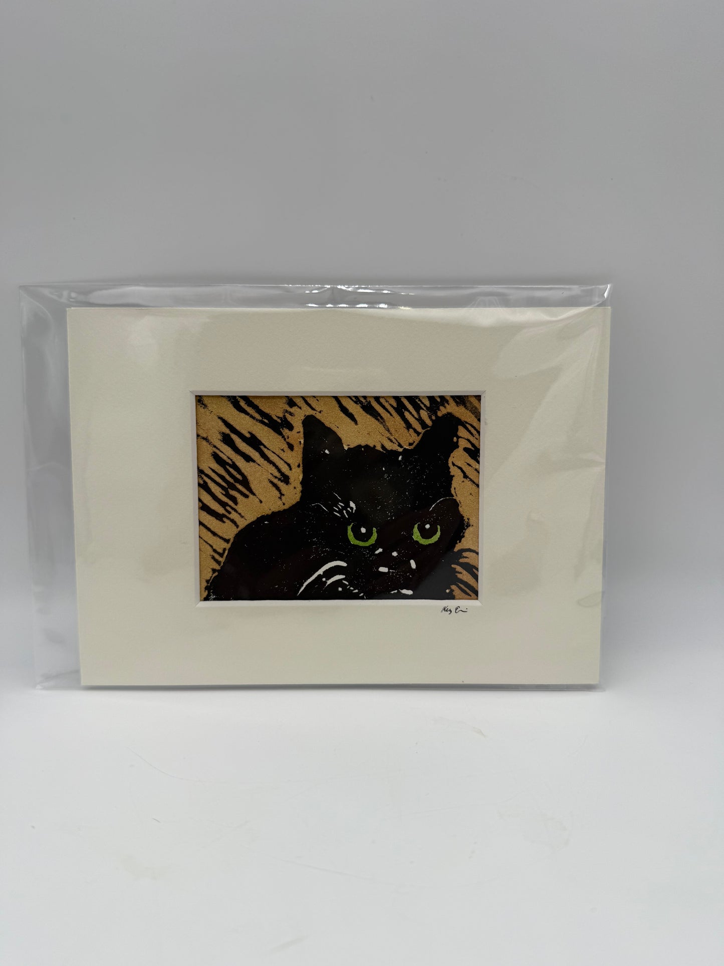 Original Linocut Matted Print 5X7 - Cat