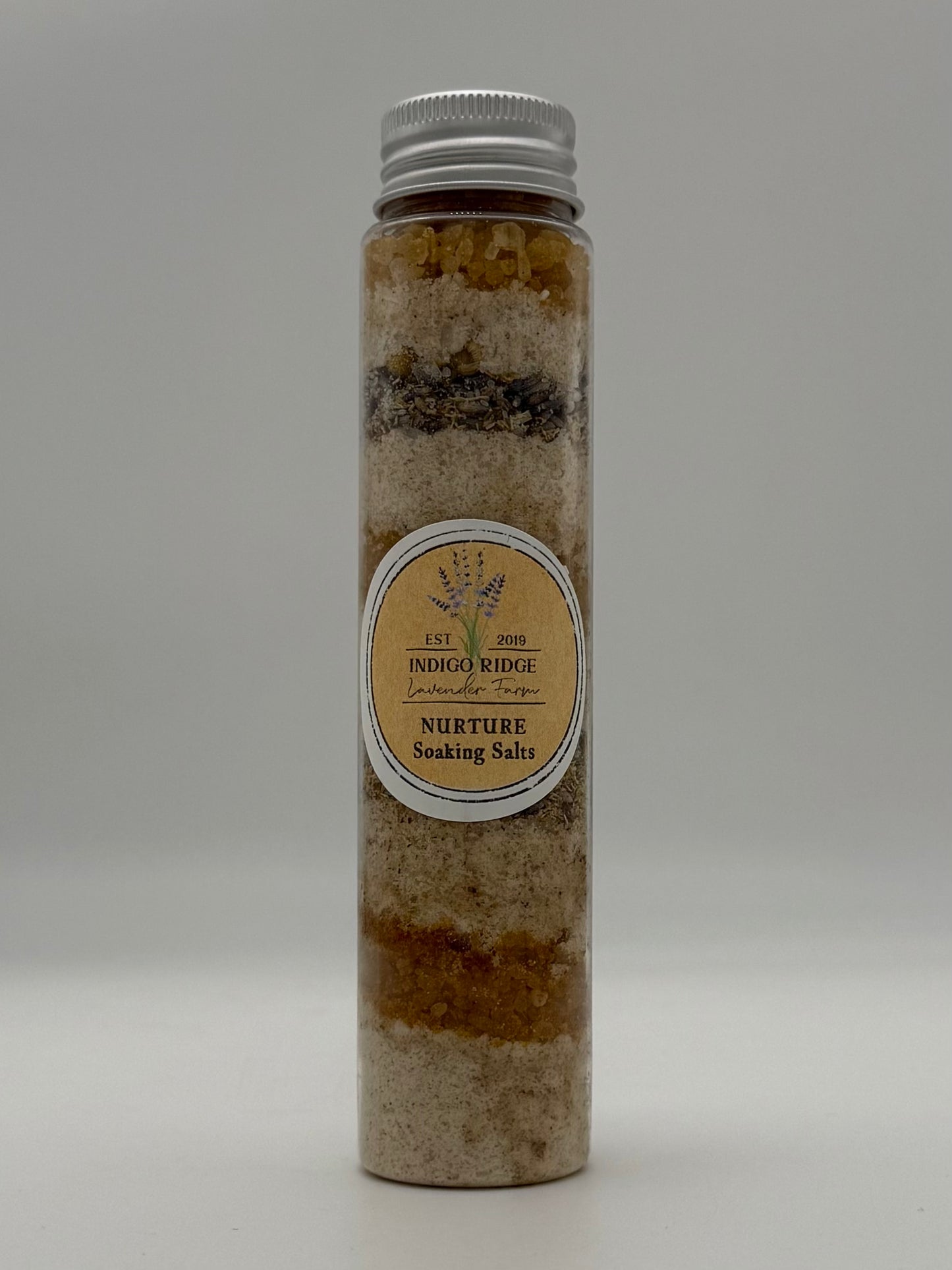 Bottle of Indigo Ridge Lavender Farms Nurture Soaking Salts on a white
background