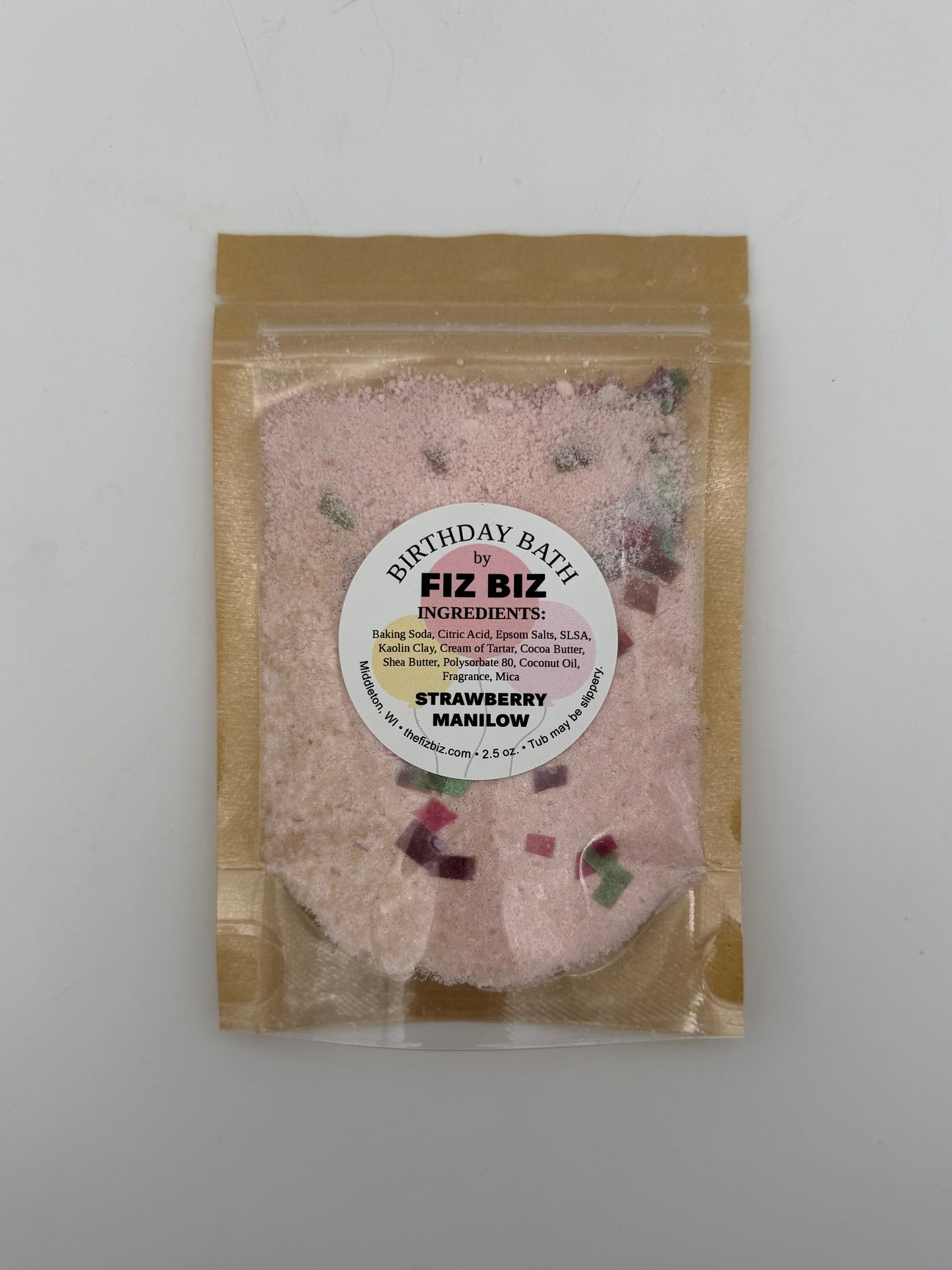 Fiz Biz Strawberry Manilow birthday bath salts in packaging on a white background