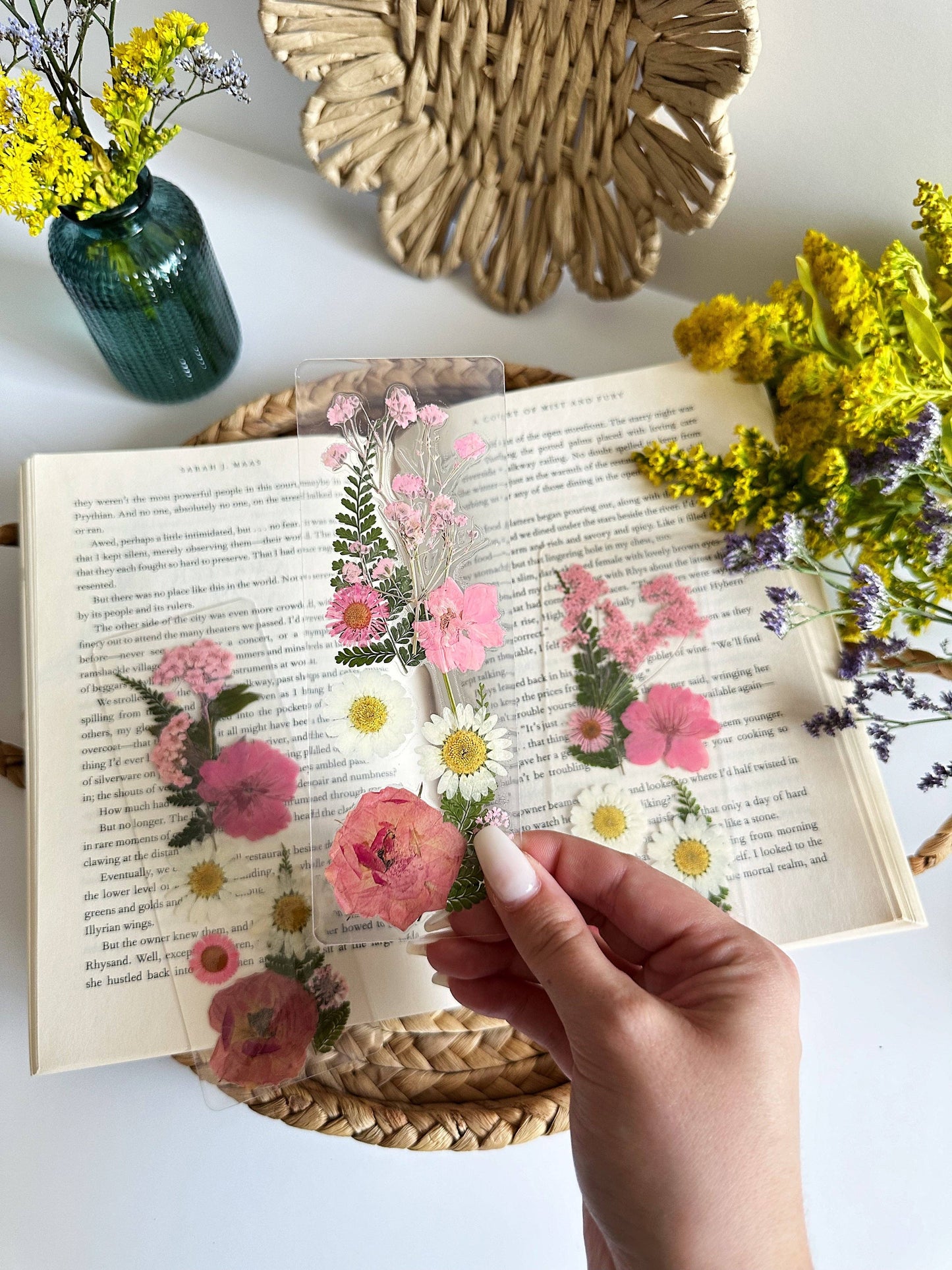 Pink + White Pressed Flower Bookmark