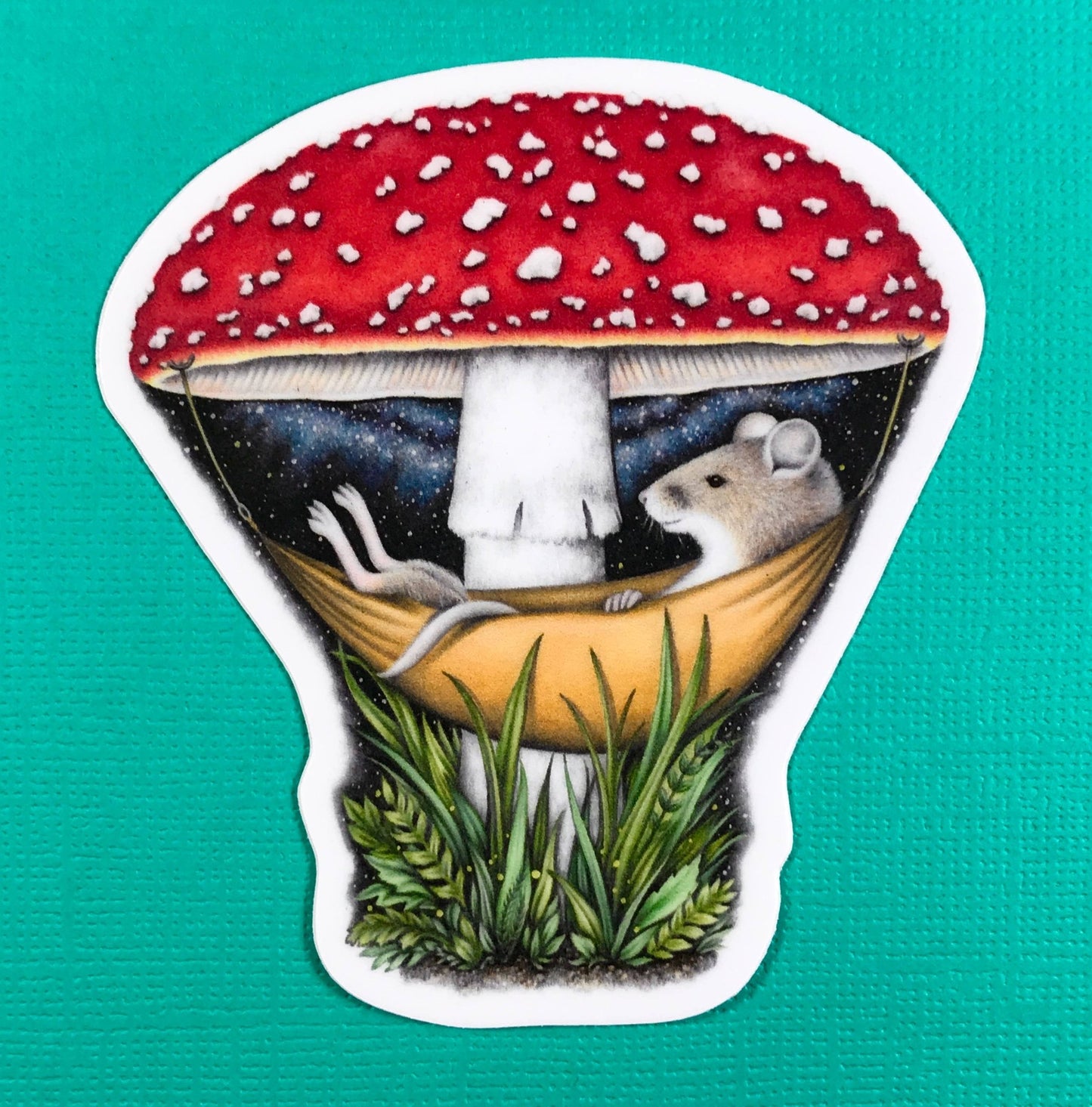 Mouse in a mushroom hammock sticker - The Regal Find