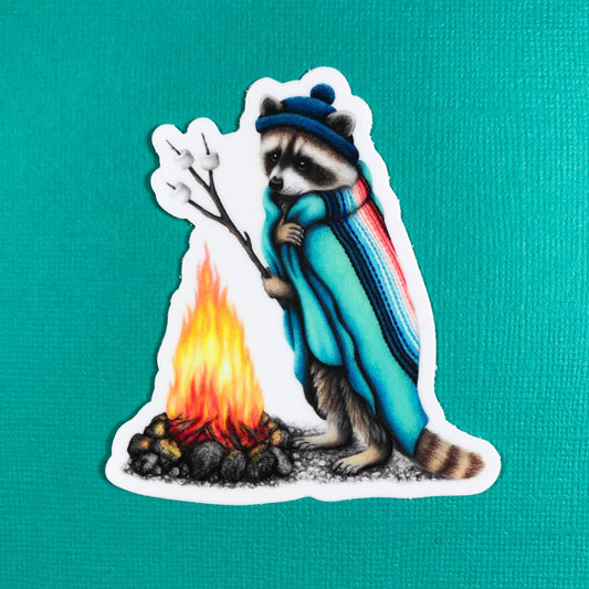 Raccoon roasting marshmallows sticker - The Regal Find