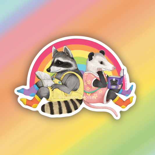 Reading Raccoon and Opossum Rainbow Pride Weatherproof Vinyl Sticker