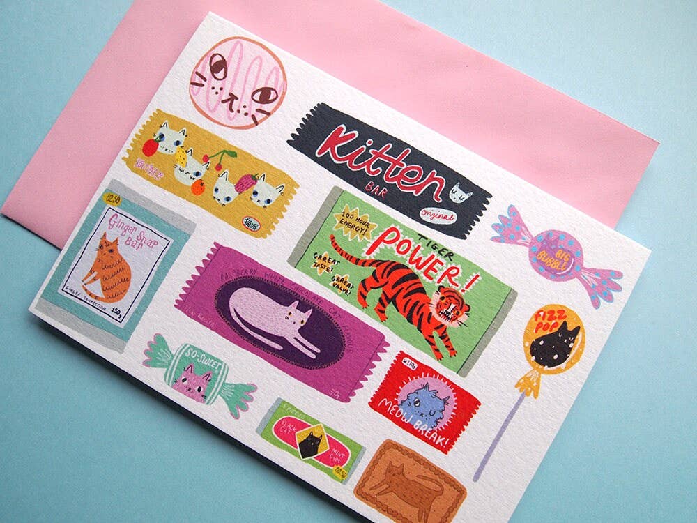 Retro Chocolate Cat Themed Greetings Card