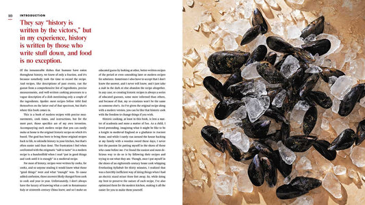 Book page with text and images of oysters on a textured beige background