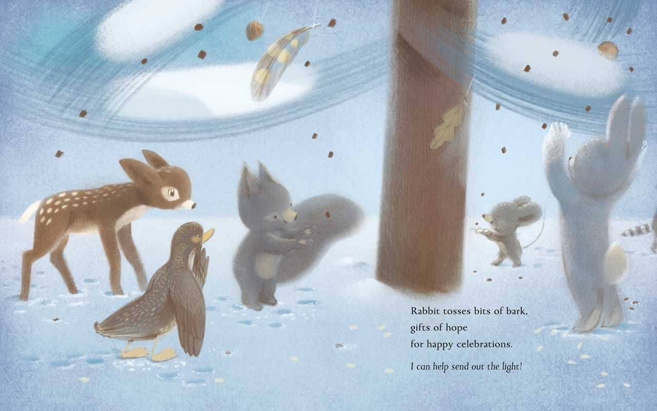 Illustration of animals in a snowy scene with text about hope and light.