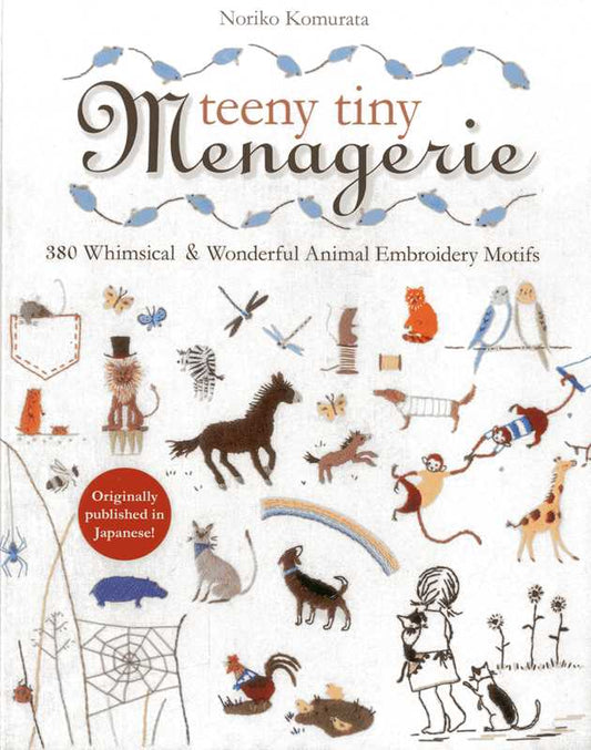 Book cover of 'teeny tiny Menagerie' with illustrations of animals and text.