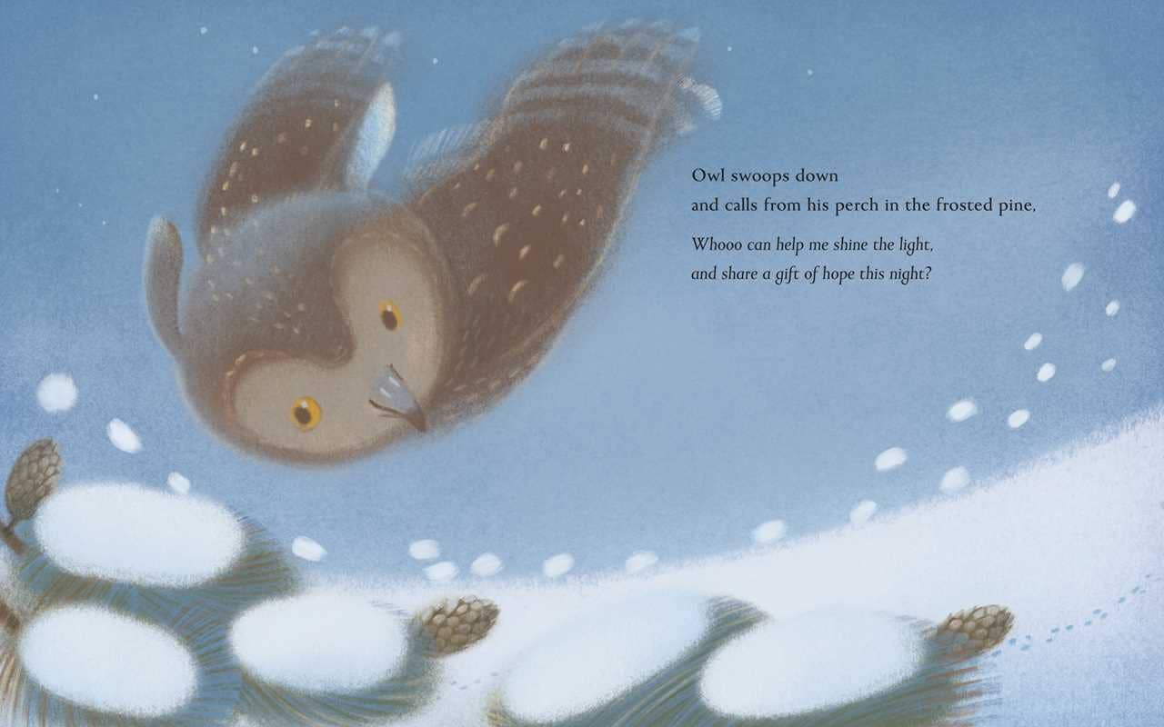 Illustration of an owl in a snowy landscape with text.