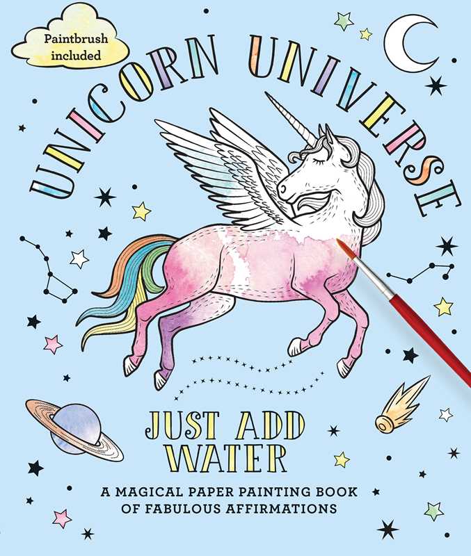 Unicorn Universe coloring book with a paintbrush, stars, and celestial elements on a blue background.