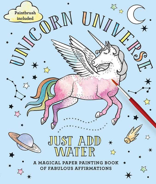 Unicorn Universe coloring book with a paintbrush, stars, and celestial elements on a blue background.