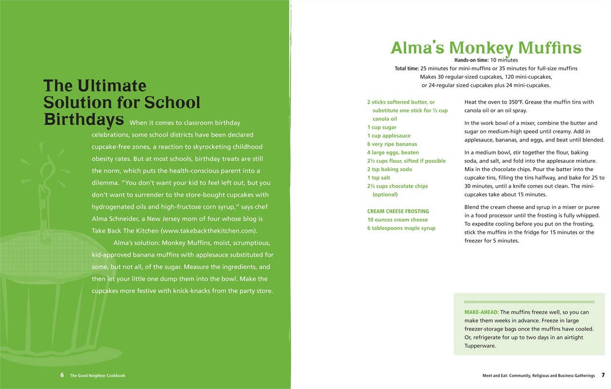 Recipe card for Alma's Monkey Muffins with text on a green background