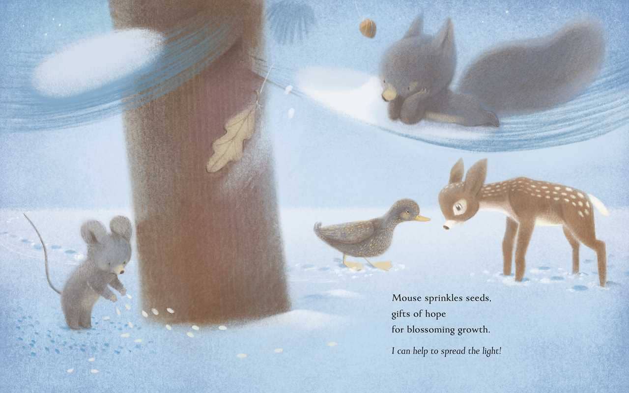 Illustration of animals in a snowy scene with text about spreading hope.