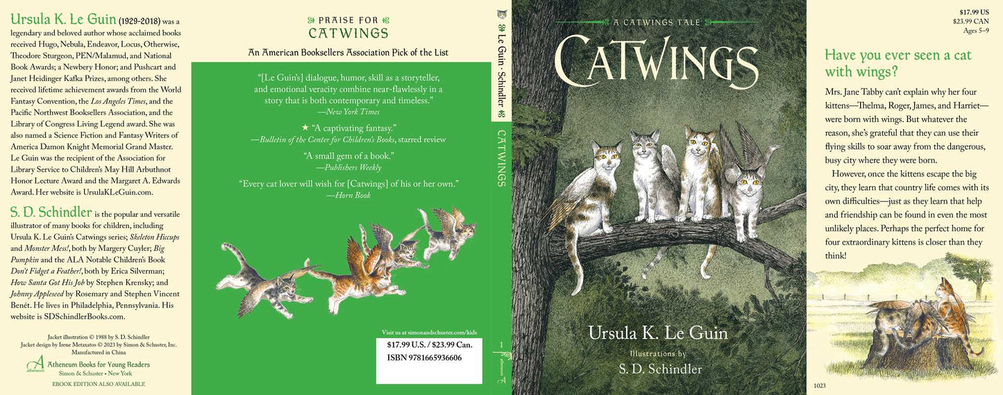 Book cover of 'Catwings' with illustrations of cats and a green section.