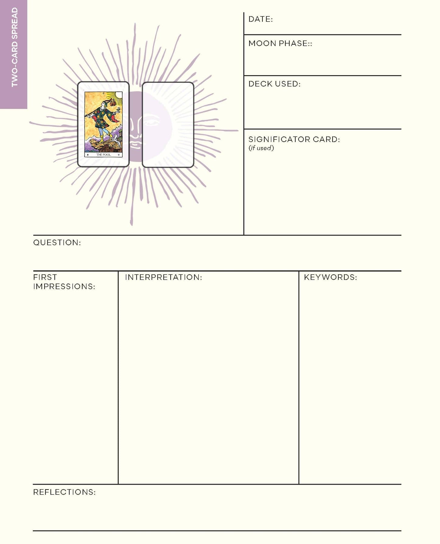 Blank tarot card reading sheet with space for card selection, date, moon phase, deck used, signficator card, question, first impressions, interpretation, keywords, and reflections.