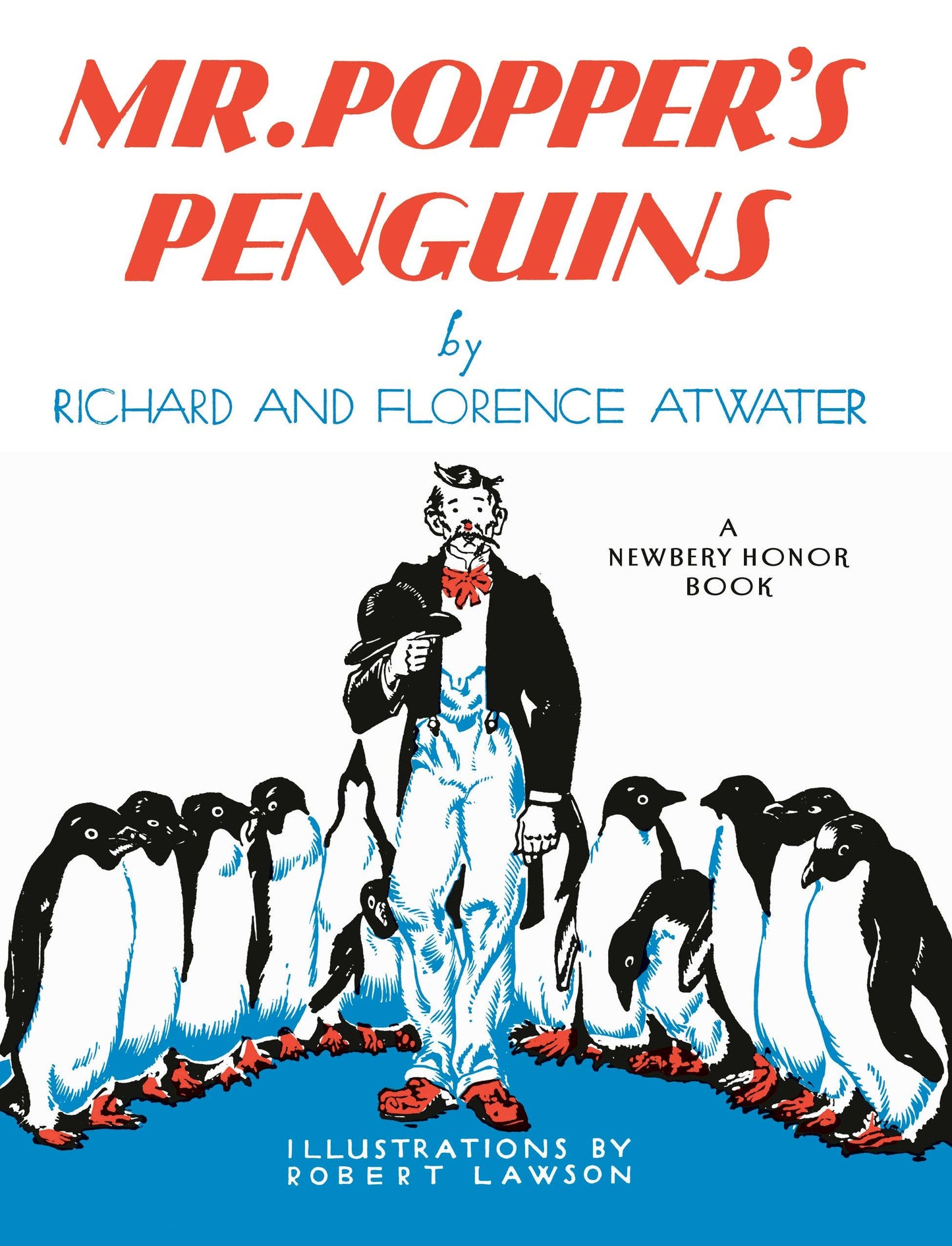Book cover of 'Mr. Popper's Penguins' with a man in formal attire surrounded by penguins.