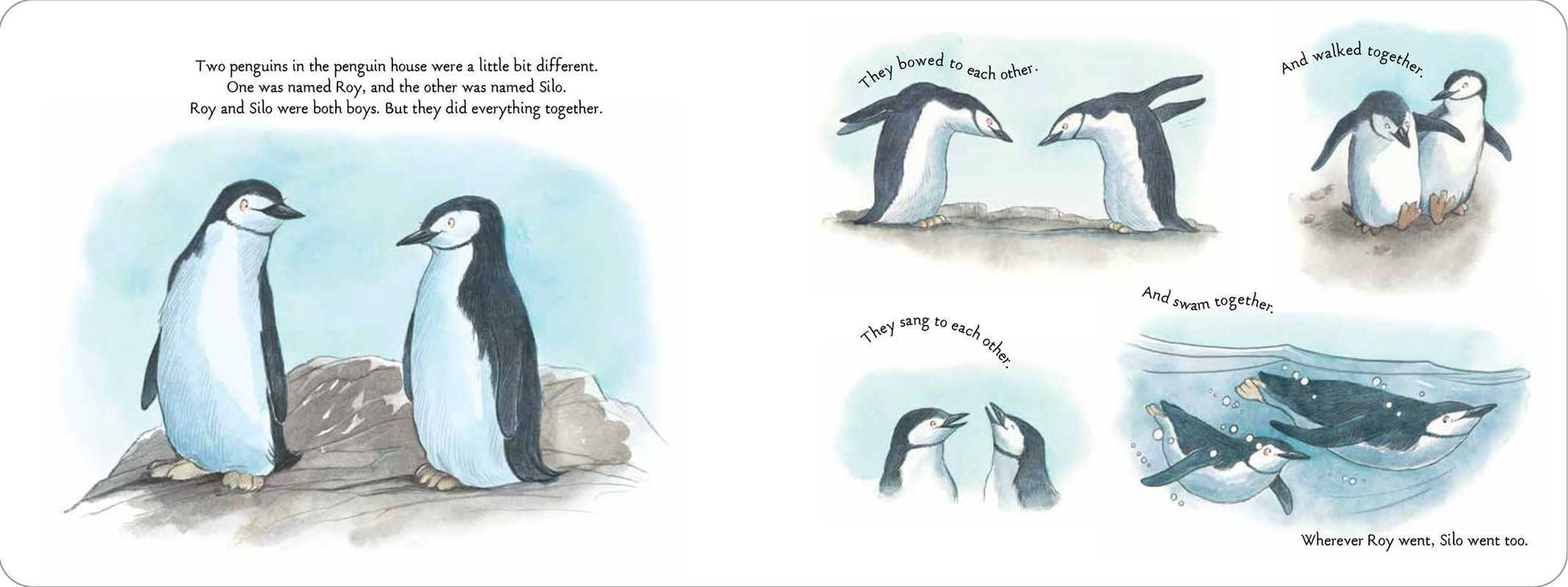 Illustrated book page with penguins and a whale, featuring text.