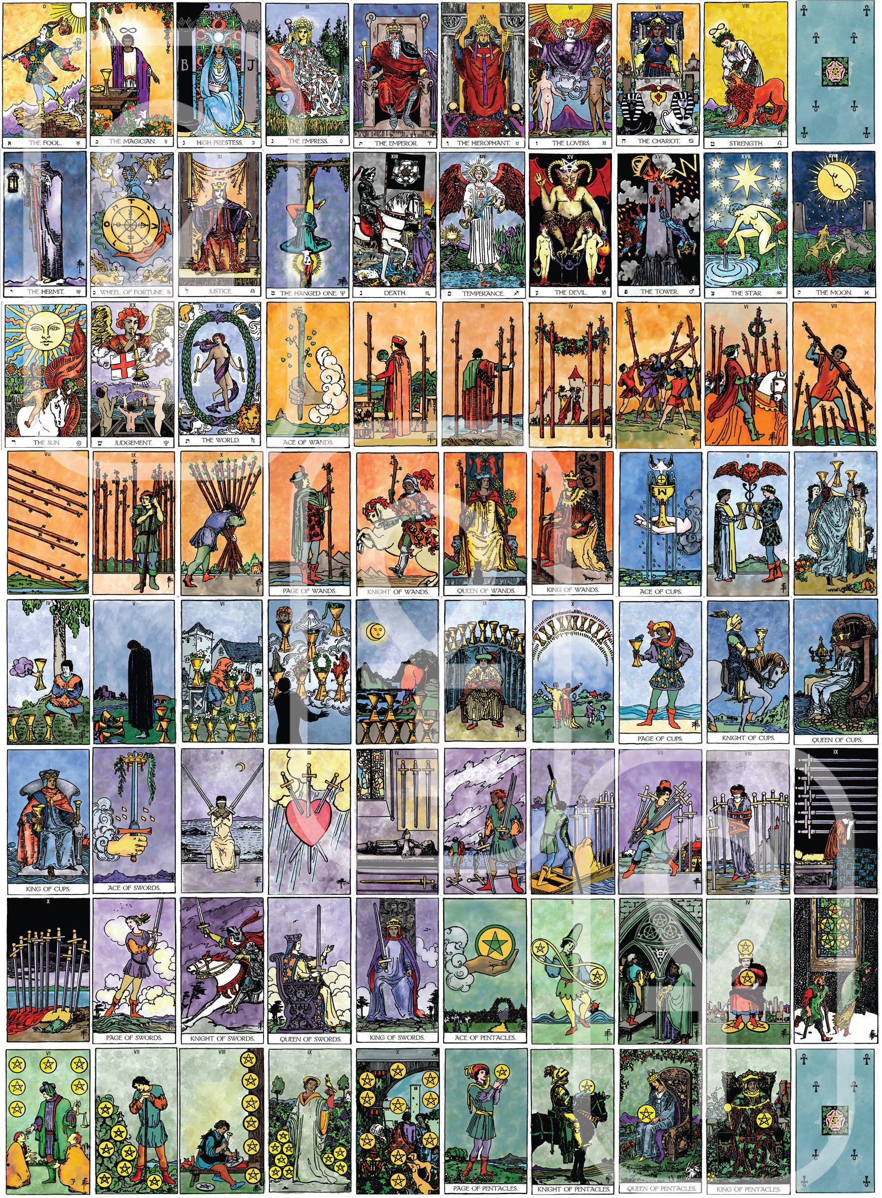 Collection of tarot cards with various illustrations and designs.
