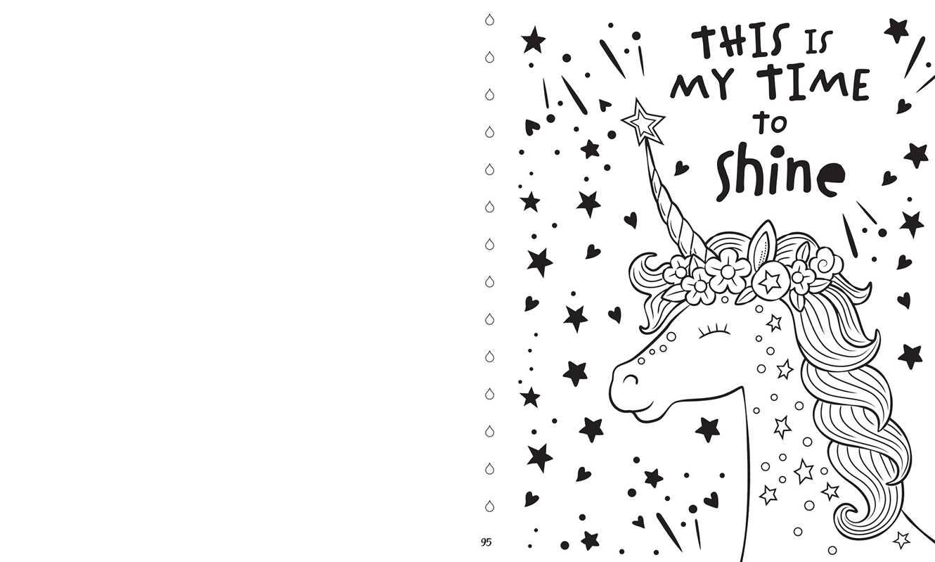 Black and white illustration of a unicorn with stars and 'This is my time to shine' text on a white background.