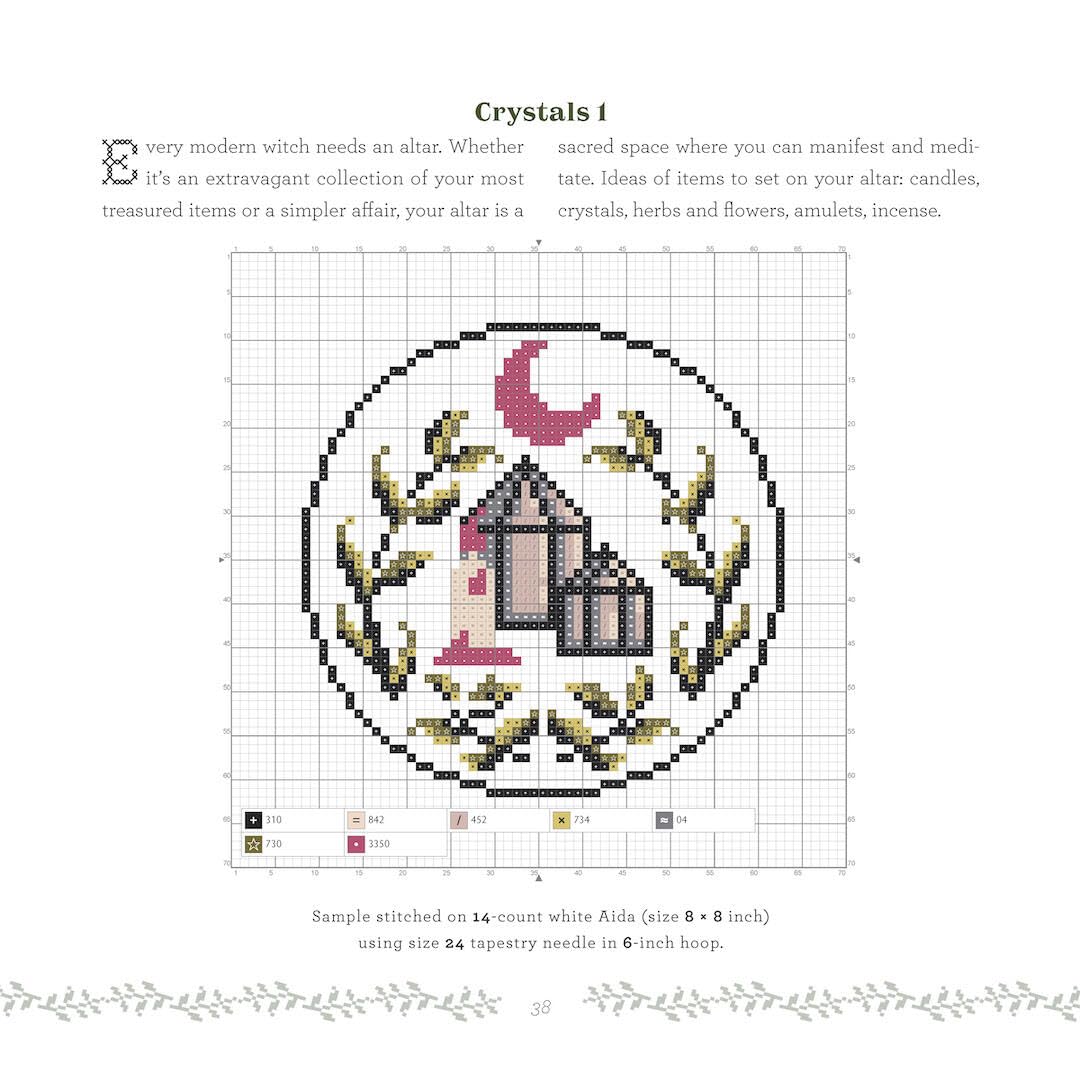 Cross-stitch pattern with a design of a crystals, moon, and greenery on a white background.