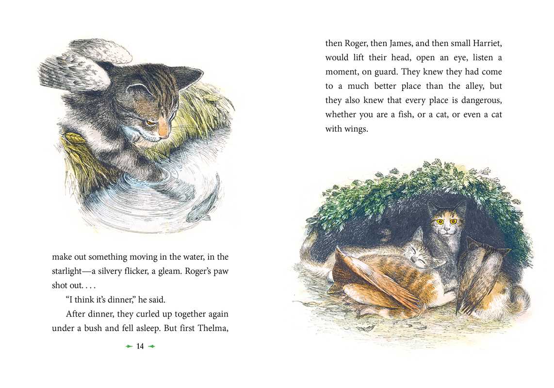 Illustrated book page with two cats in a garden and text.