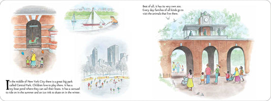 Illustrated book page with scenes of a city, people, and a clock tower.