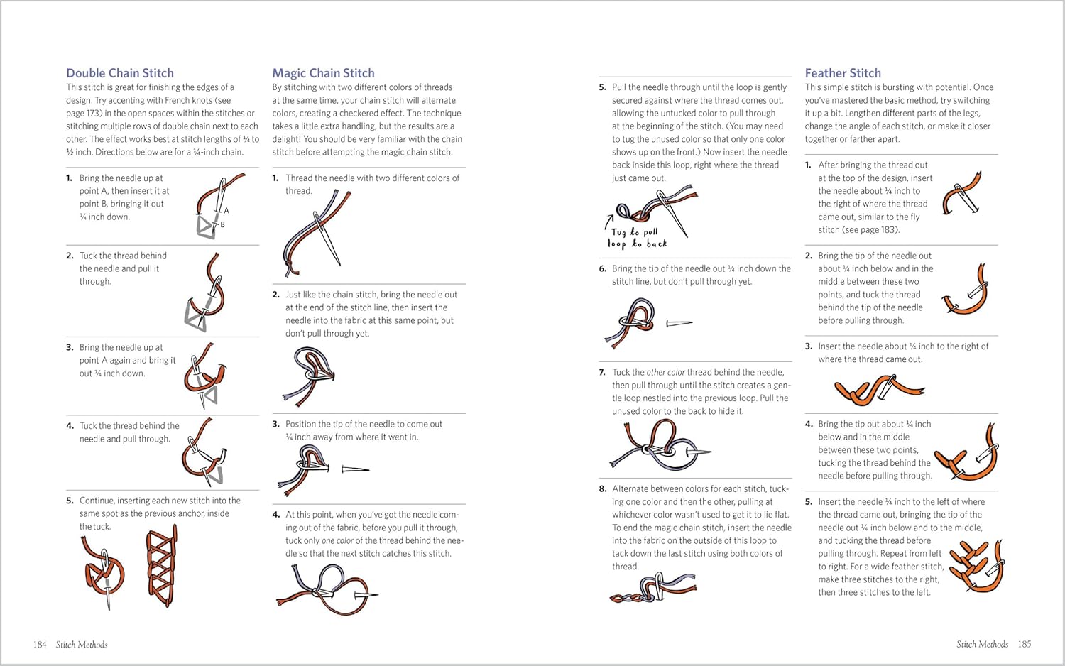 Instructions for various stitches with diagrams on a white background