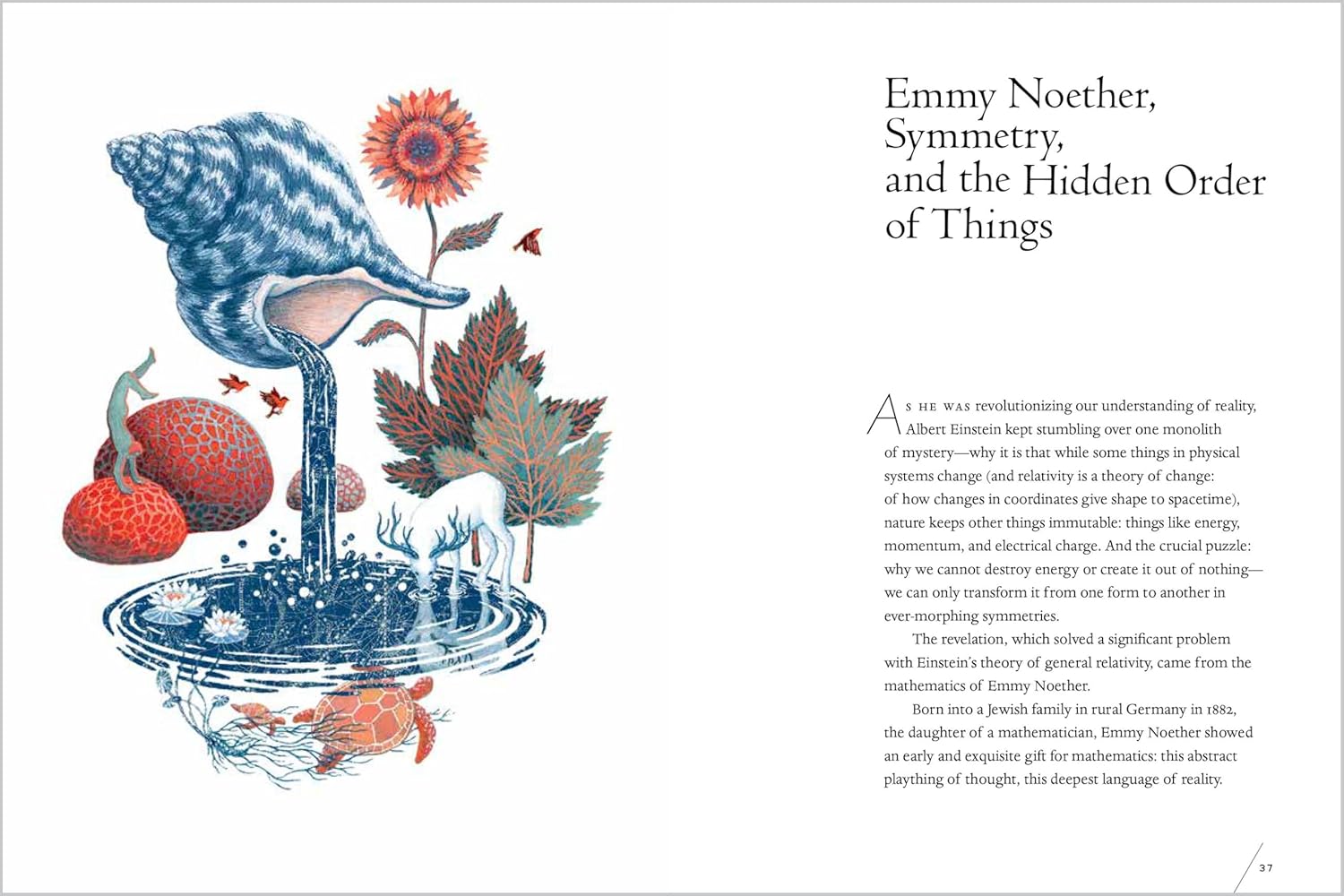 Book page with illustration of a shell, flower, and other elements with text about Emmy Noether.