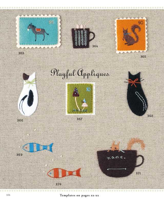Collection of playful appliqués including animals, objects, and text on a textured fabric background.