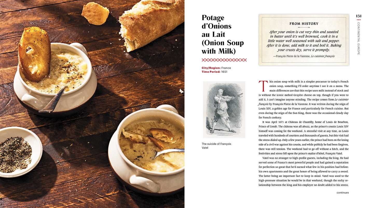 Two bowls of onion soup with bread on a wooden table, accompanied by text on the right.
