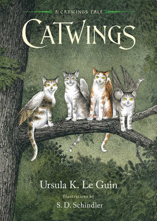 Book cover of 'Catwings' with four cats on a branch and green background