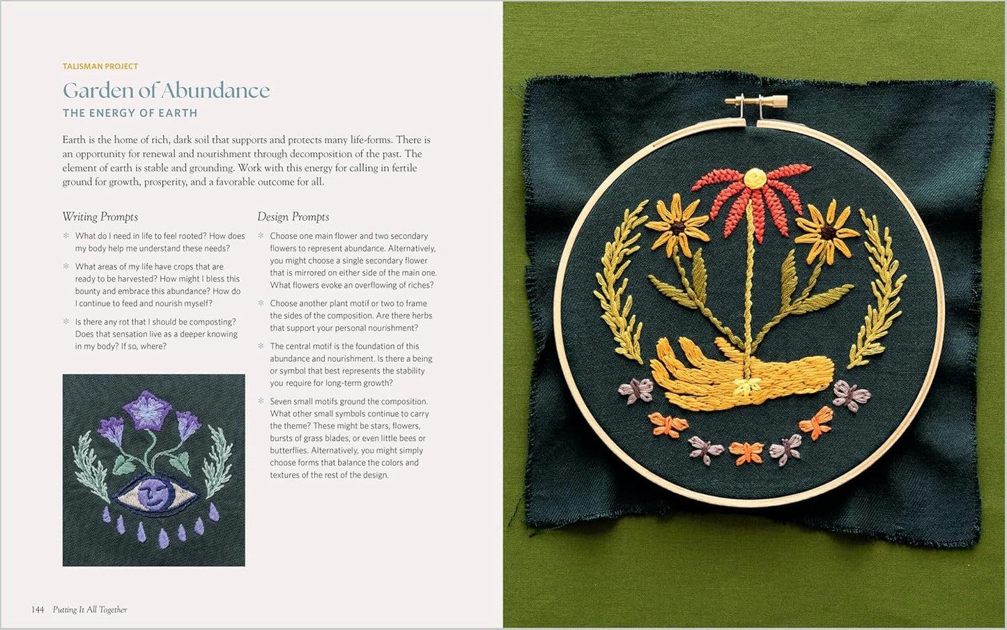 Embroidery hoop with floral design on green fabric, accompanied by text on a white background.