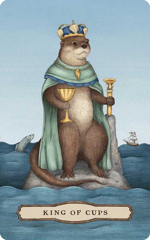 Card featuring an otter dressed as a king with a crown, holding cups, on a blue background.
