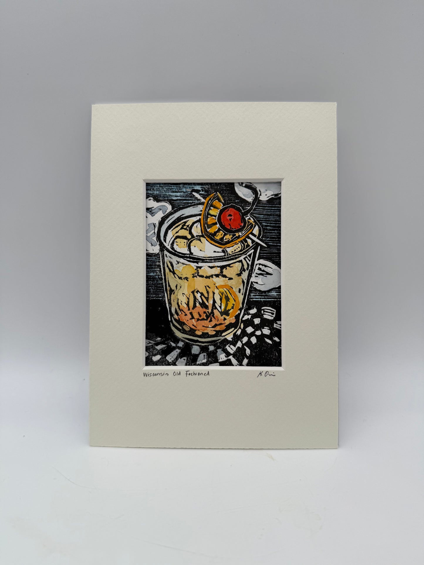 Original Linocut Matted Print 5X7 - WI Old Fashioned