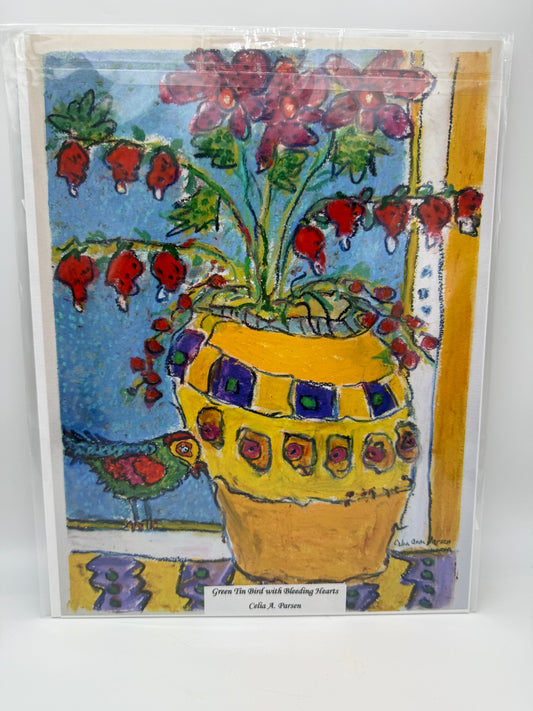 Green Tin Bird with Bleeding Hearts 11 x 14 Print