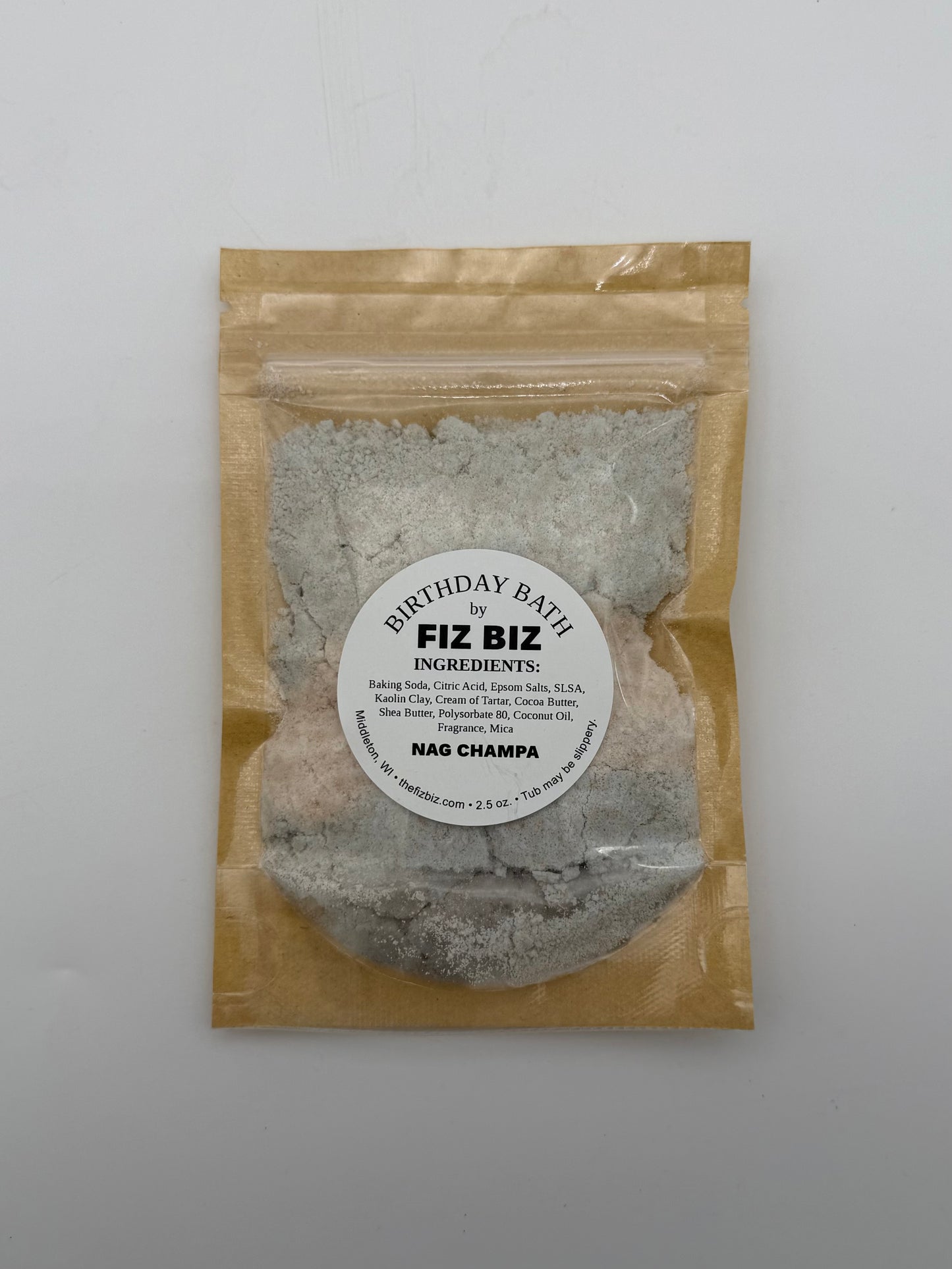Fiz Biz Nag Champa birthday bath salts in packaging on a white background