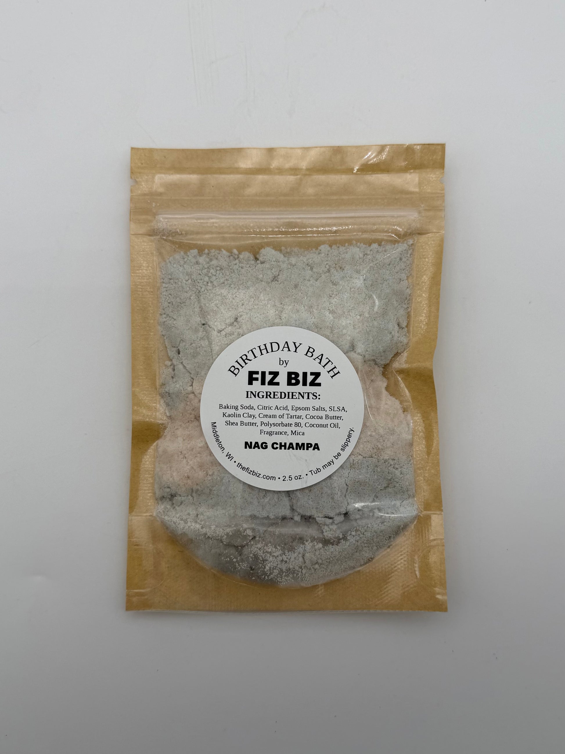 Fiz Biz Nag Champa birthday bath salts in packaging on a white background