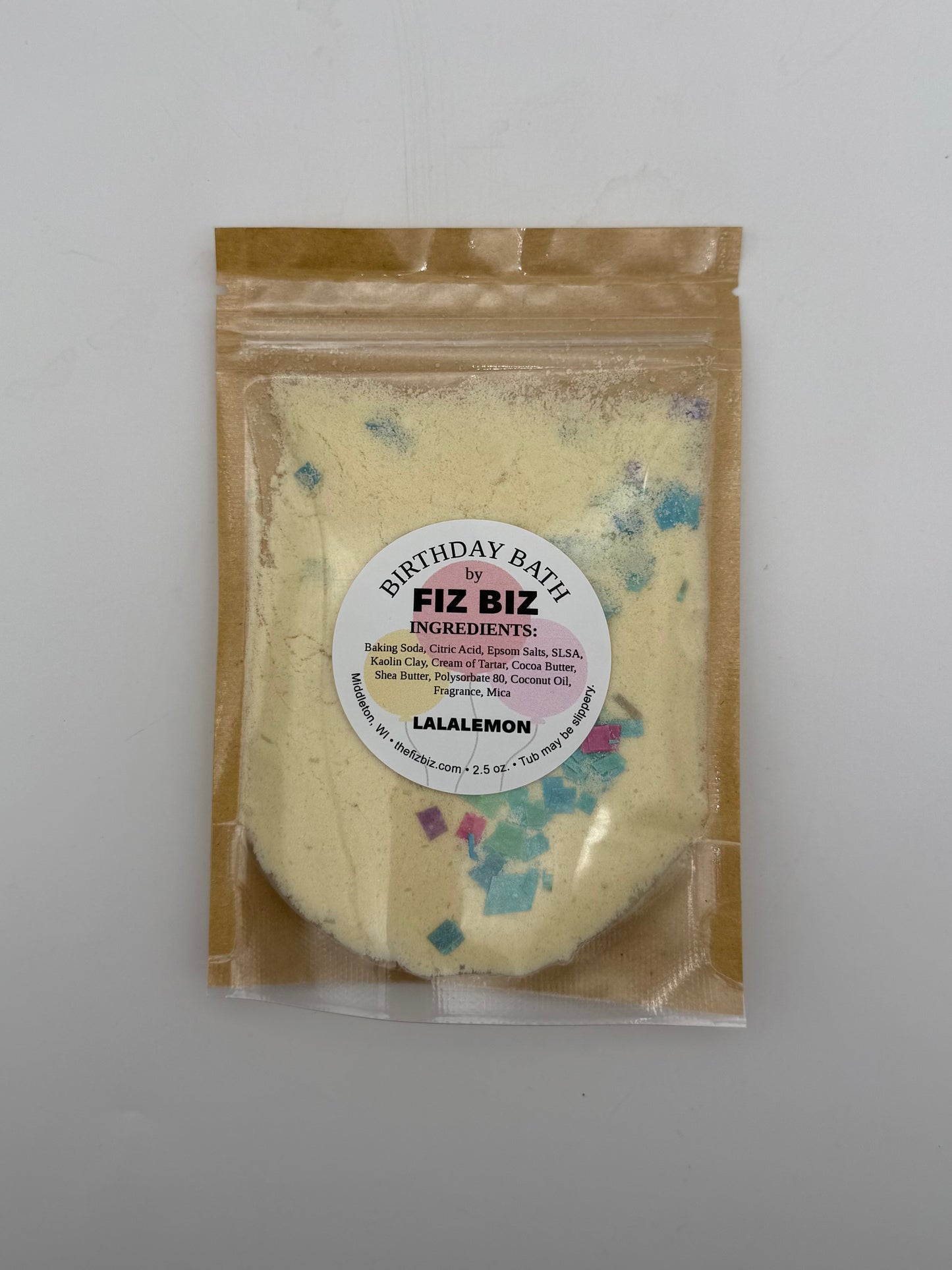 Fiz Biz LaLaLemon birthday bath salts in packaging on a white background