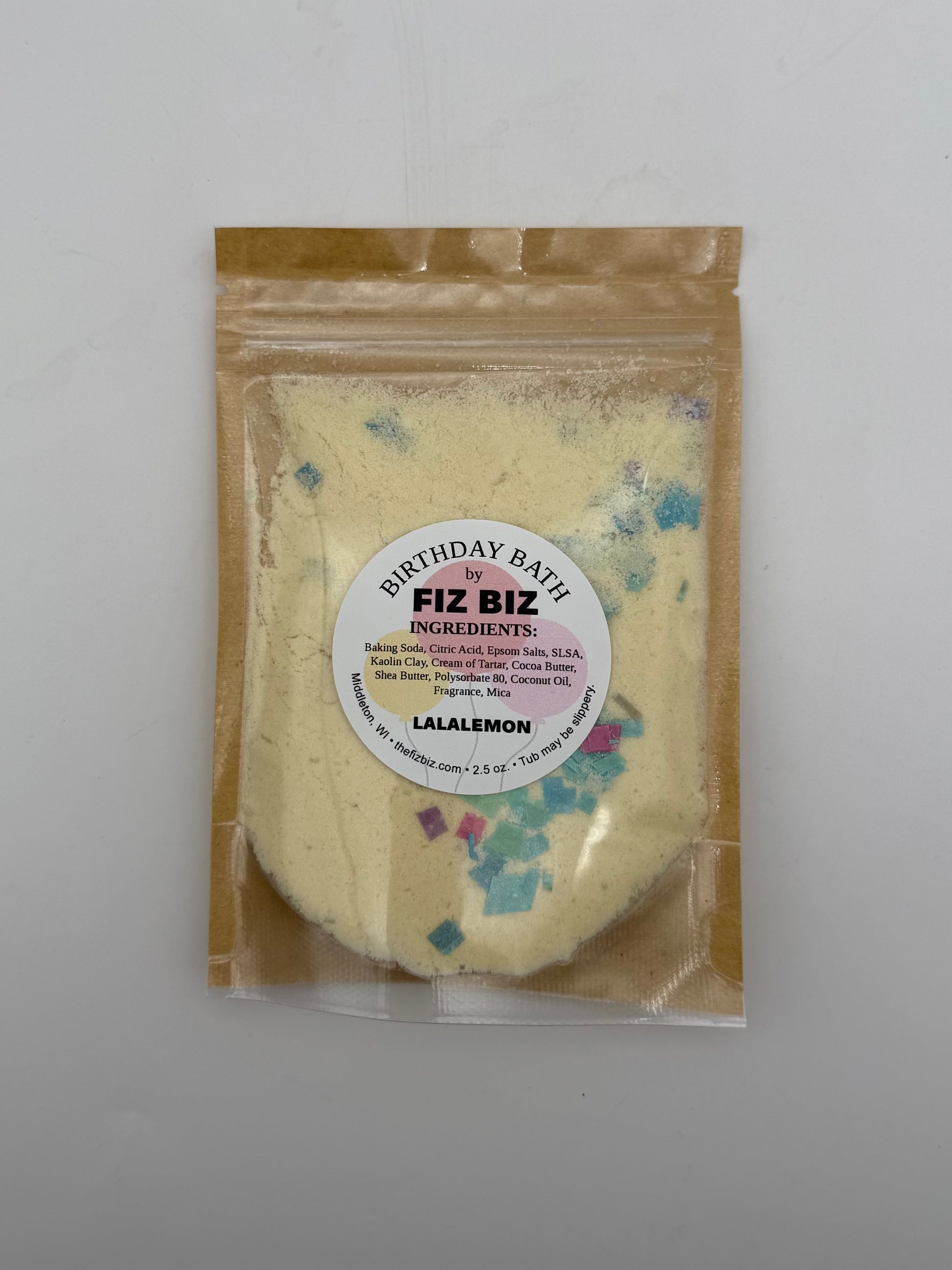 Fiz Biz LaLaLemon birthday bath salts in packaging on a white background