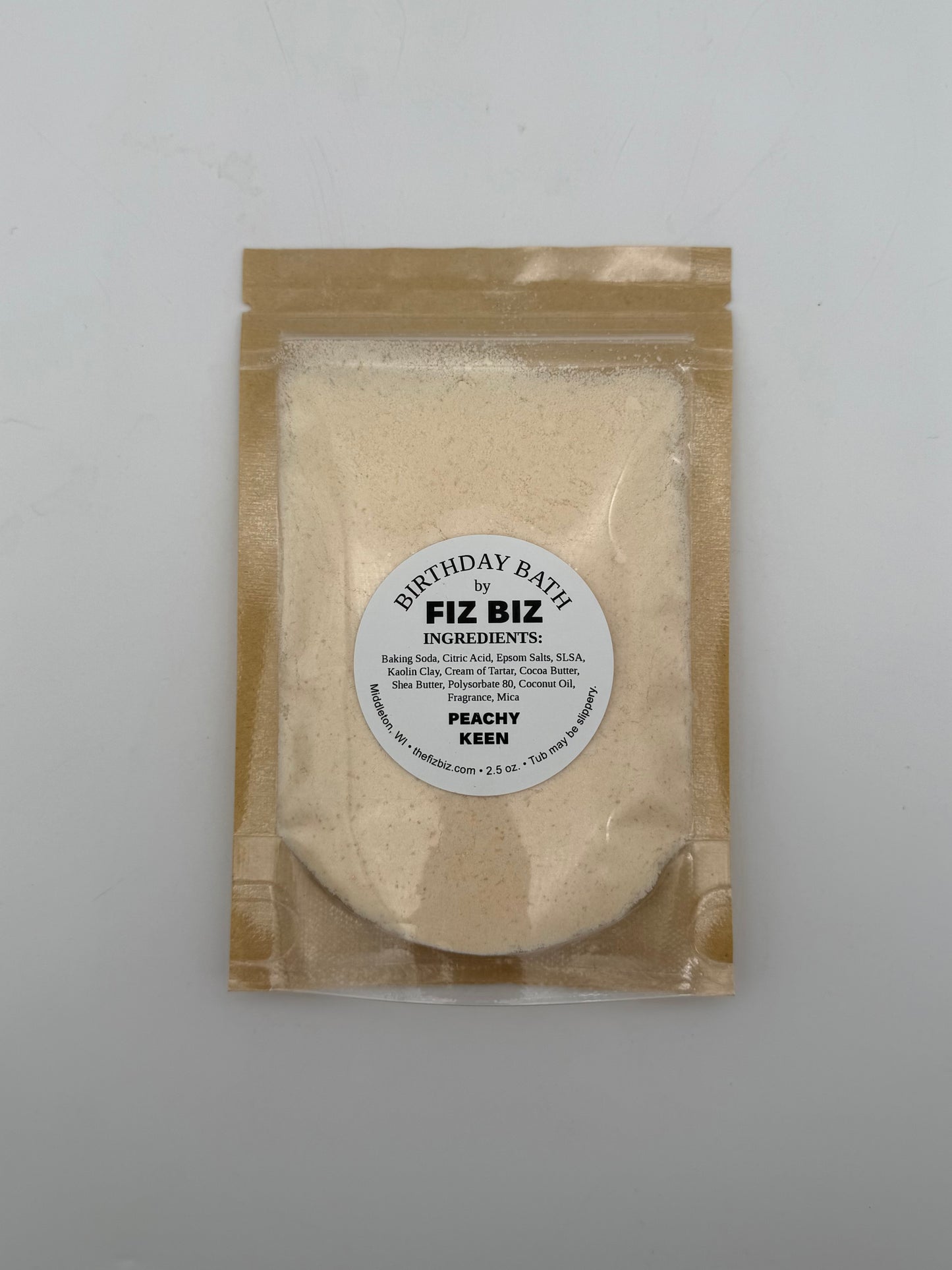 Fiz Biz Peachy Keen birthday bath salts in packaging on a white background