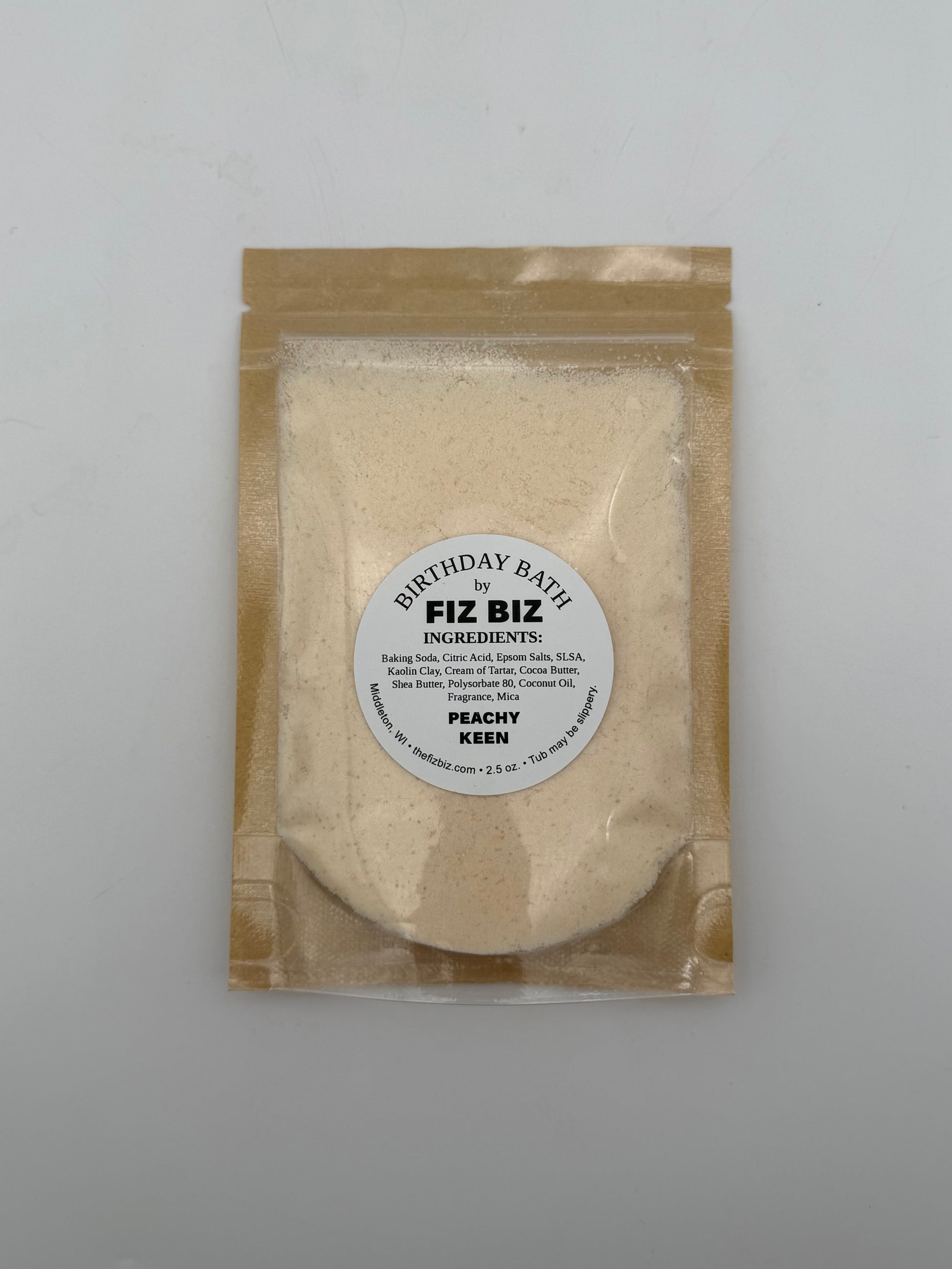 Fiz Biz Peachy Keen birthday bath salts in packaging on a white background