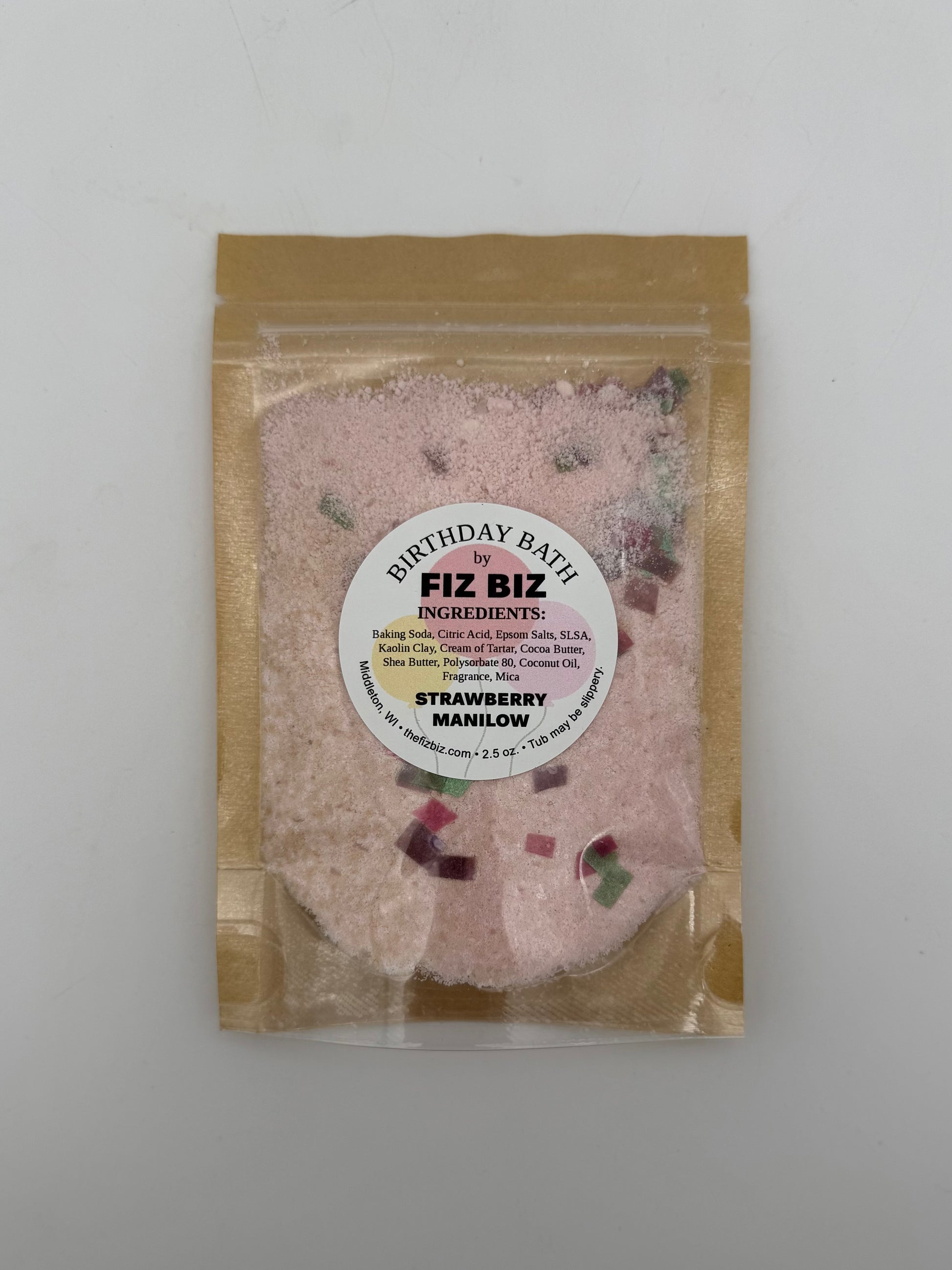 Fiz Biz Strawberry Manilow birthday bath salts in packaging on a white background